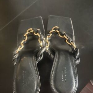 Black Square-Toe Sandals with Gold Chain Detail